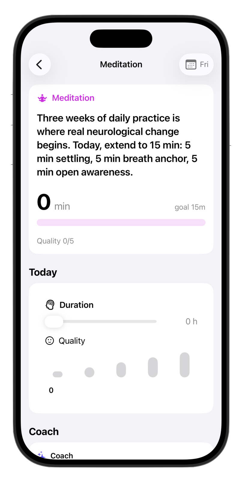HobbyIt meditation screen with duration and quality tracking